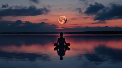 Tranquil meditation silhouette at sunset with a radiant moon reflecting on water
