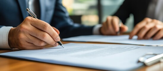 Two professionals finalize a formal agreement with precision and collaborative intent