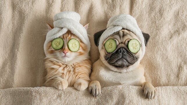 Cat and pug with cucumber slices relaxing in spa robes, pampering and self-care moment