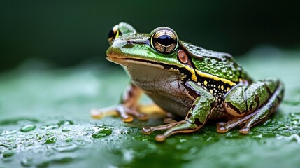 Fototapeta premium Close-up of a green frog sitting on a leaf. the frog is facing towards the right side of the image and its body is slightly angled towards the left side.
