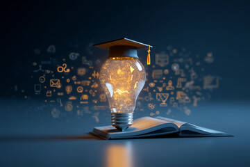 Creative Education Light bulb with Graduation Cap and Glowing Icons Over an Open Book