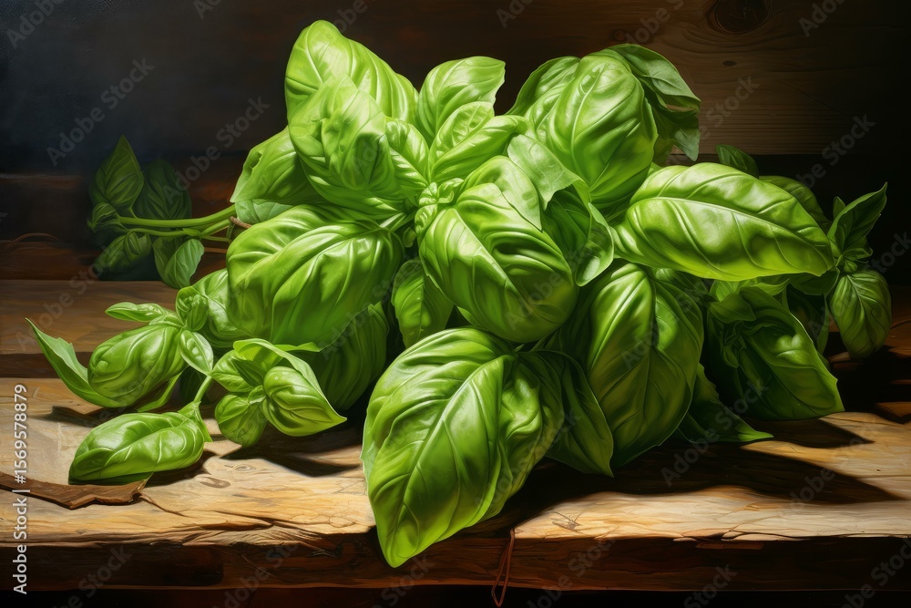 Poster vibrant green basil leaves create a captivating display on a rustic wooden surface, illuminated by s