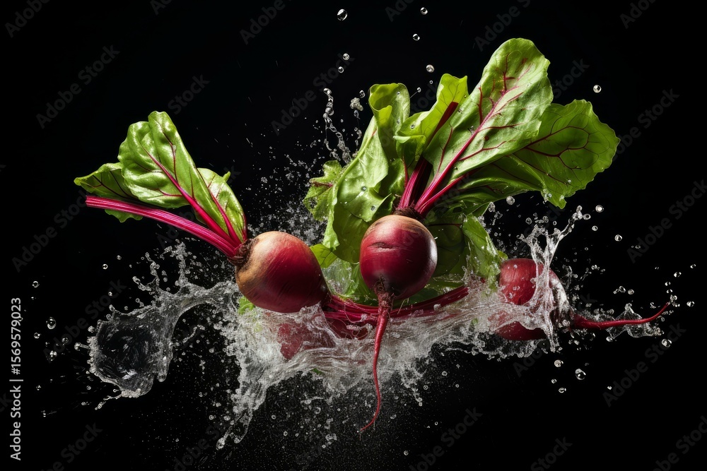 Poster fresh beetroots with green leaves are splashing in water on a black background, creating a dynamic a