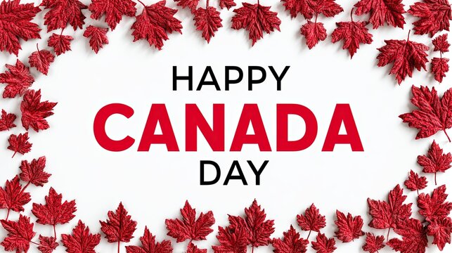 Happy Canada Day message with red maple leaves border on white background celebrating national holiday
