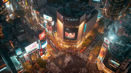 drone view of Shibuya Crossing in Tokyo at night with glowing neon signs and bustling crowds, cinematic urban energy - Powered by Adobe