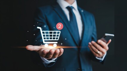 A businessman showcases a digital shopping cart with items, symbolizing online retail, ecommerce growth, and consumerism within the modern digital marketplace.