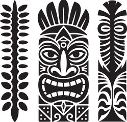 Black and White Tiki Mask Silhouette with Tribal Leaf and Totem Pole Designs Polynesian Tribal Art Graphic