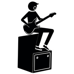 Black silhouette of a person playing guitar while sitting on an amplifier