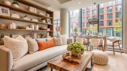 Warm and inviting co-living lounge with a neutral sofa, central library shelves, and rolling table
