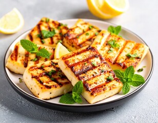 Grilled Feta Cubes With Lemon And Mint On Plate