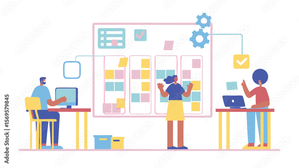 Poster people collaborating on a project with a kanban board and computers in a modern office setting