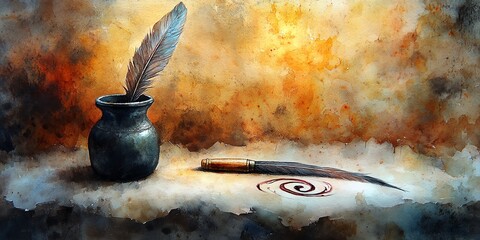 a medieval quill pen resting in an ink pot, watercolor style, feather tip slightly stained, spilled ink forming a spiral shape on aged paper, warm candlelit tones