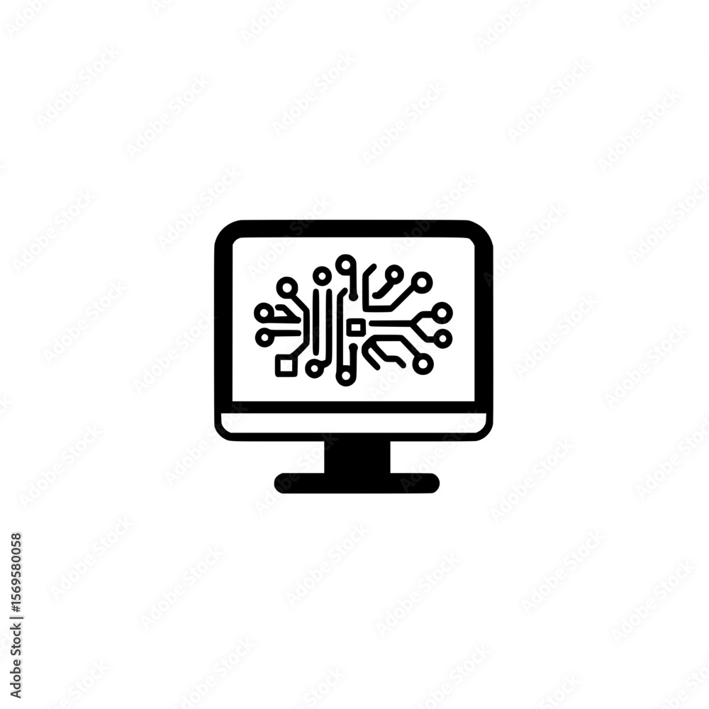 Poster vector icon of monitor screen with circuit lines representing digital technology or data system