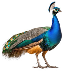 Obraz premium Vibrant Peacock Standing Gracefully with Colorful Feathers and Striking Blue Head Against Soft Background transparent background