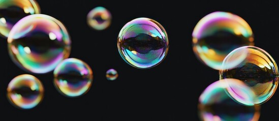 Iridescent Soap Bubbles Floating in a Dark Void, Displaying Rainbow Colors