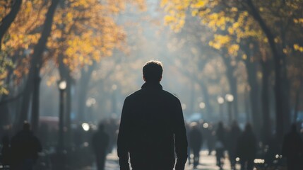 Wandering Soul: A solitary figure amidst the bustling autumn park scenery