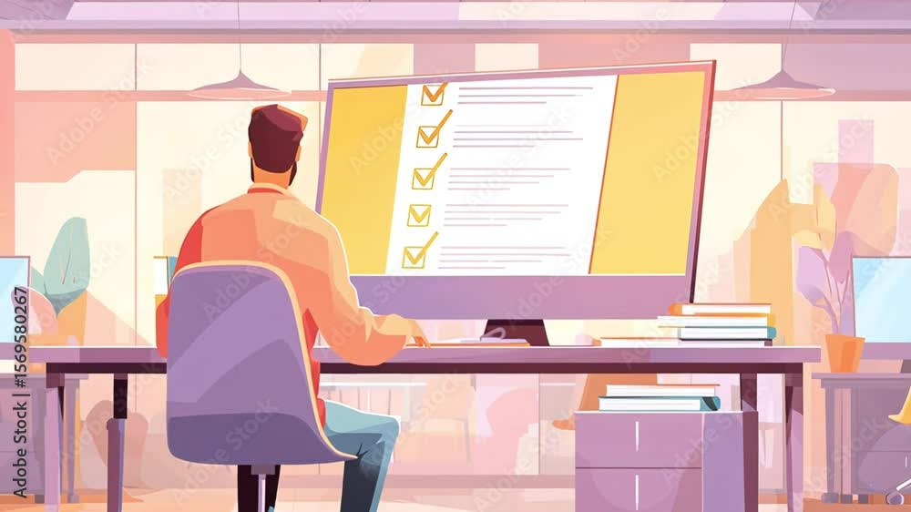 Aufkleber man reviewing a checklist on a large computer screen in a bright modern office with books and warm l