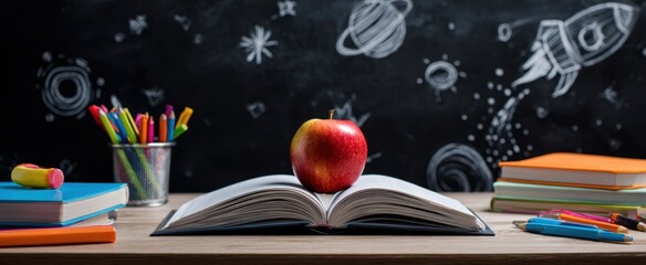The apple resting on an open book with a vibrant classroom background