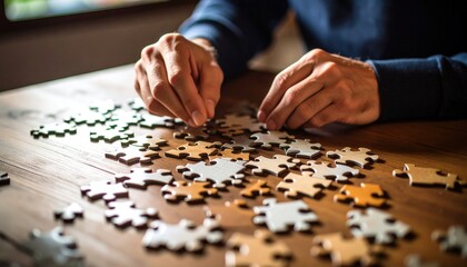 Hands Assembling Colorful Puzzle Pieces On Wooden Table