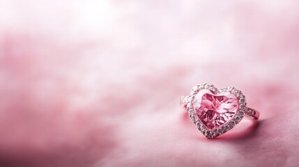 Elegant heart-shaped pink gemstone ring on a dreamy rose-colored backdrop