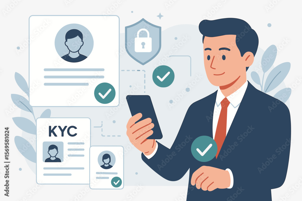 Poster businessman using smart technology for kyc, digital identity verification, and customer onboarding. 