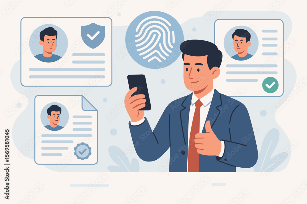 Poster businessman with phone for digital identity verification and kyc document approval. concept of secur