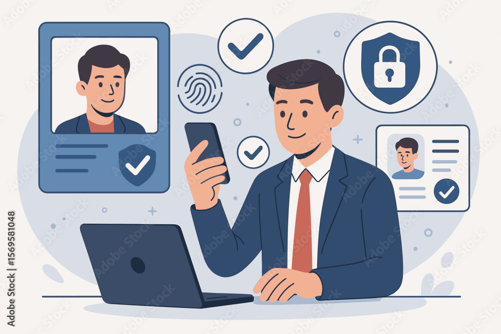 Poster digital identity verification and kyc concept. businessman using phone to authenticate user profile.