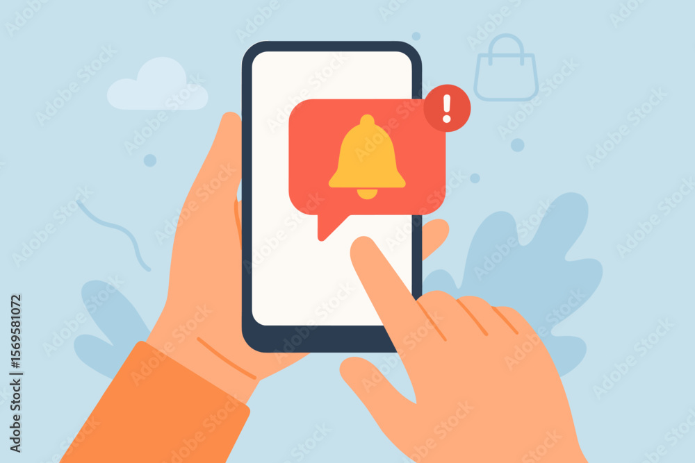Poster alert notification concept with hand holding smartphone. mobile error, problem, or reminder message.
