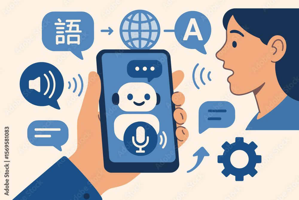Poster ai language assistant for real-time multilingual translation. chatbot on smartphone showing voice re