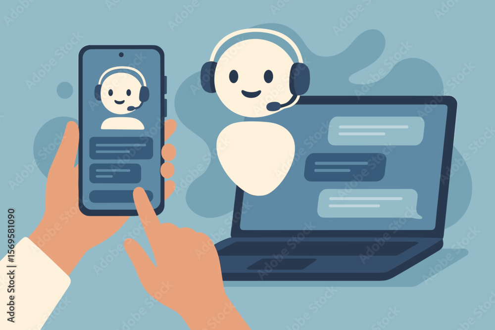 Fototapete ai virtual assistant and chatbot technology concept. person uses smartphone and laptop for online cu