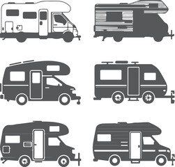 Six Gray Silhouette Motorhome and Campervan Illustrations Side View Various Models Travel Recreation Vehicle Icons