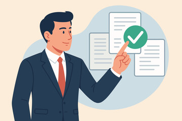 Businessman approves digital document. Manager touching checkmark icon for project approval. Contract validation, electronic verification, certified agreement, success concept.