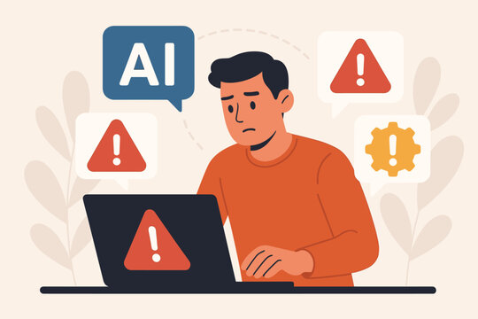 Artificial Intelligence System Error Alert Concept. Person Using Laptop with AI Notification Warning, Maintenance Alert, Exclamation Mark, Modern Flat Vector Illustration