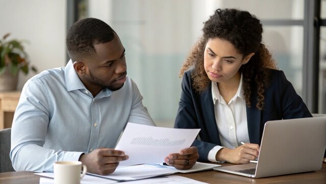 Two serious focused multiethnic male and female coworkers reviewing financial legal document, discussing sales marketing reports, brainstorming on project, doing paperwork at office table - Powered by Adobe