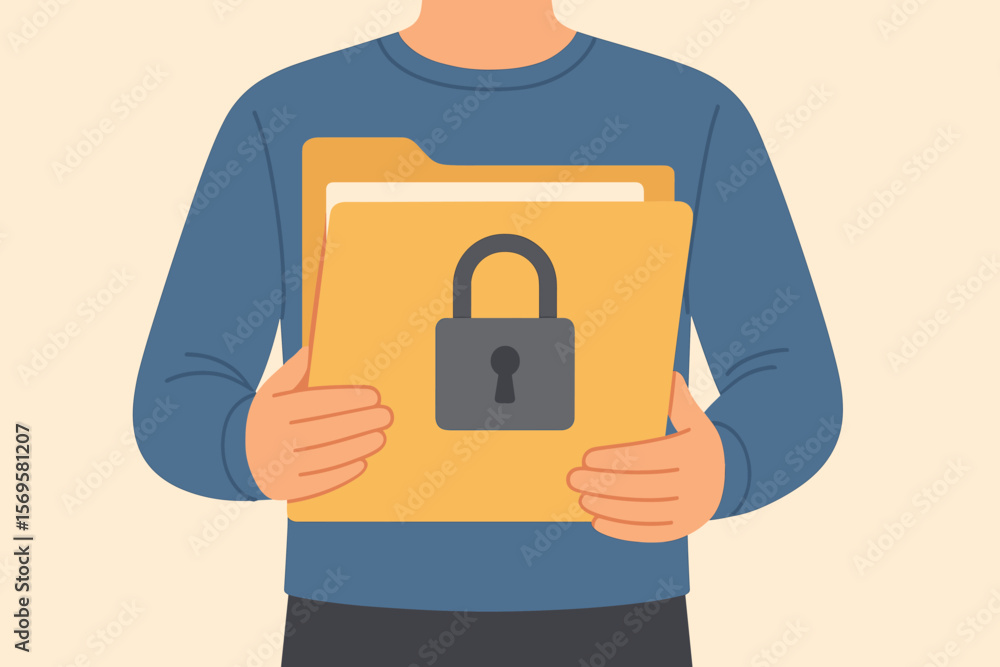 Poster confidential document and privacy protection concept. man holding a file folder with a secured lock.