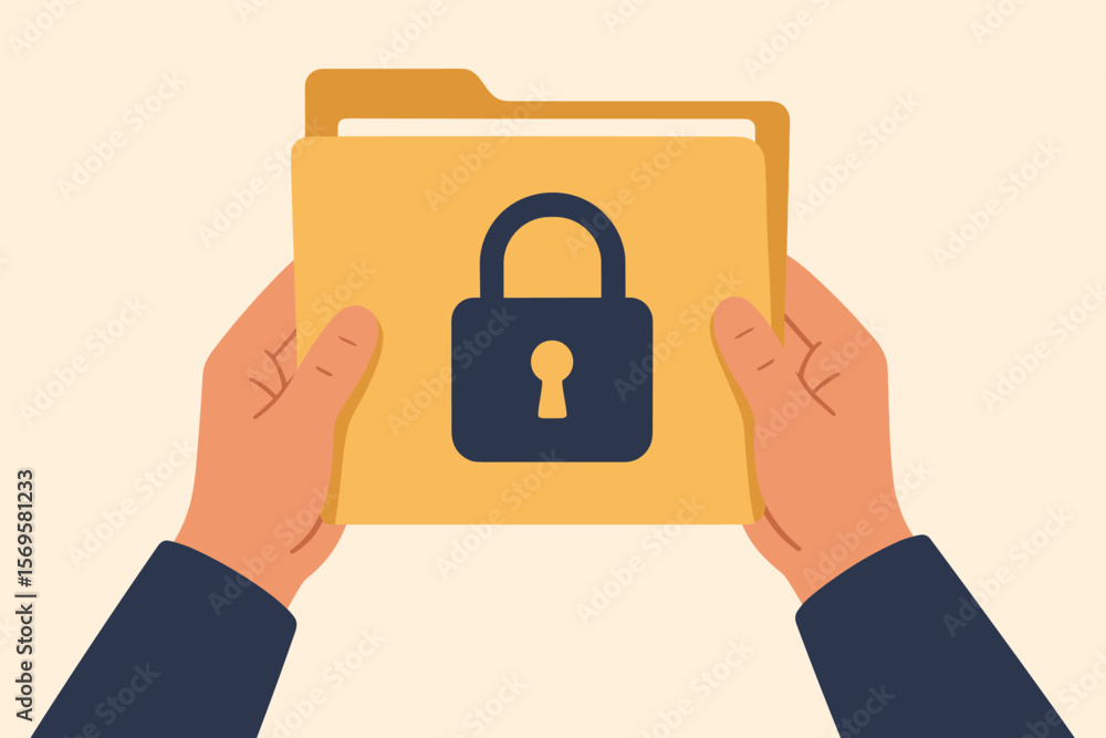 Poster confidential document concept. privacy protection and data security. hands holding a secure file fol
