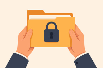 Confidential document concept. Privacy protection and data security. Businessman hands holding a secret file folder with a secured lock. Information safety and archive vector.