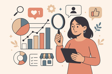 Market research and data analysis concept. Woman with magnifying glass analyzing statistics, social media metrics. Consumer behavior study and digital marketing strategy.