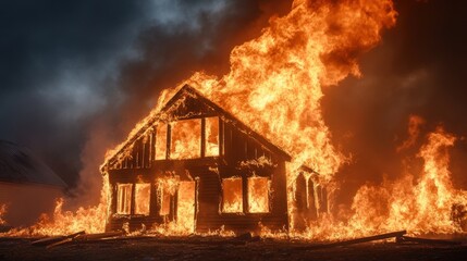 Intense Blaze Consumes Abandoned House Amidst Dark Smoke and Flames