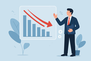 Cost reduction business finance concept. Businessman presenting graph with down arrow. Financial crisis, budget management, expense decrease, recession strategy presentation.