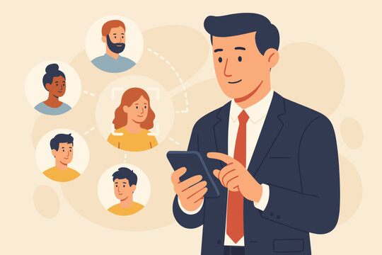 Buyer persona and target customer concept. Manager with smartphone for marketing segmentation. Customer psychology profile, focus group analysis, CRM, and human resources.