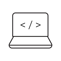 Outline icon of laptop with code. Ideal for remote work, web development, or software programming. Editable stroke, linear icon. vector illustration