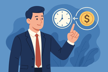 Time is money financial concept. Businessman transforms time into cash. Clock and dollar coin icons for business time management, productivity, investment, and profit strategy.