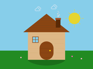 Vector illustration of a house or a hut in a greeny area