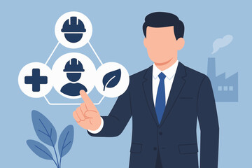 HSE, Health Safety Environment concept. Businessman using virtual screen for industrial compliance, occupational protection standards, and environmental management systems.