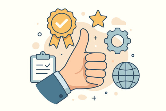 Top service quality assurance concept. Hand with thumbs up gesture for guarantee and standards. ISO certification and standardization. Best business customer satisfaction.