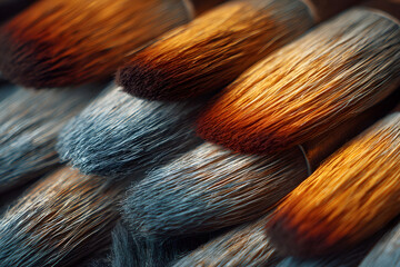 Close up of artist paintbrushes with multicolored bristles in warm and cool tones.