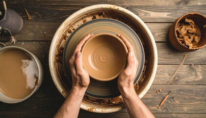 Hands Shaping Clay Bowl On Pottery Wheel