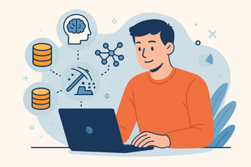 Artificial Intelligence Data Scientist Working on Laptop. Large Language Model, Big Data, Neural Network, Data Mining, Machine Learning, Generative AI, Natural Language Processing