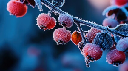 Fototapeta premium Close-up of a branch of a tree covered in frost. the branch is covered in small, round, red berries that are glistening in the light.